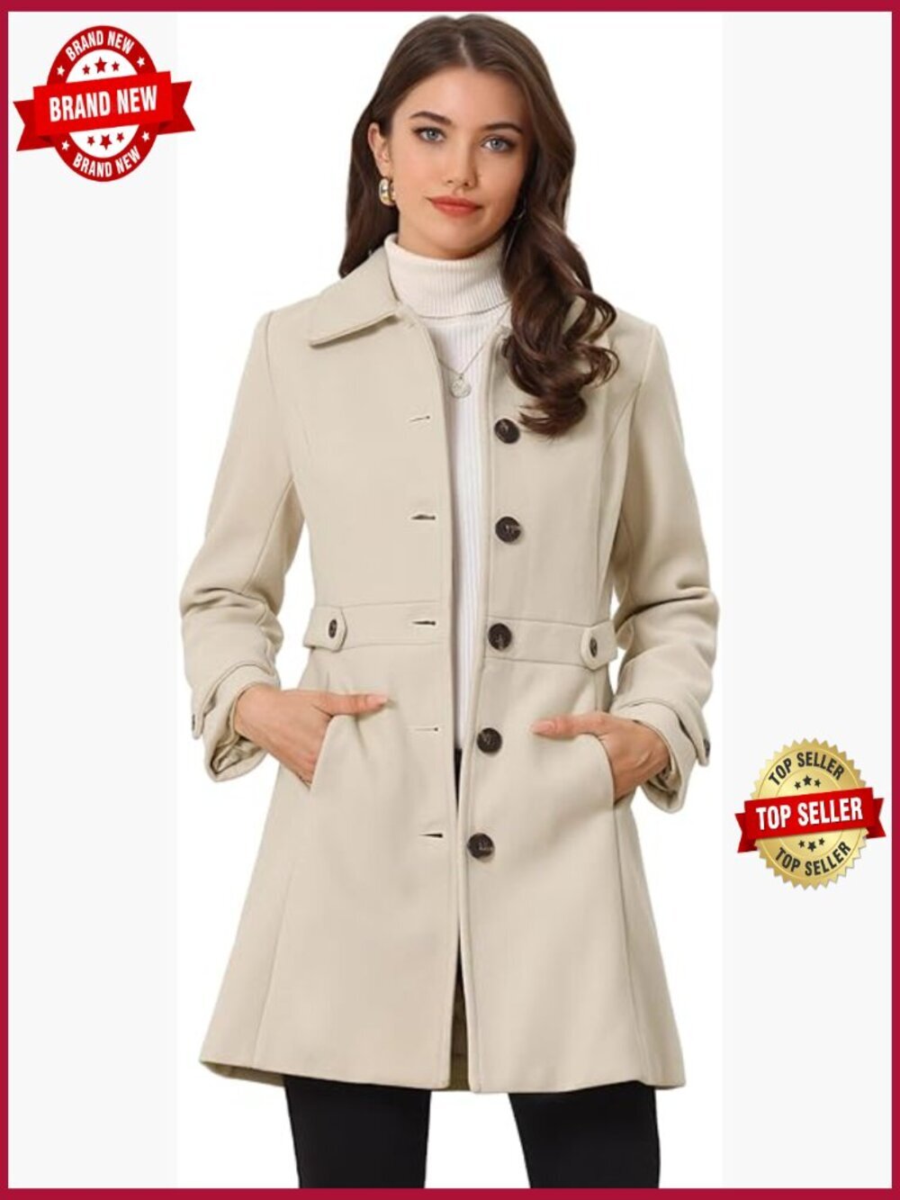 Classic Wool Pea Coat Single Breasted Mid-Thigh Length Winter Outwear
